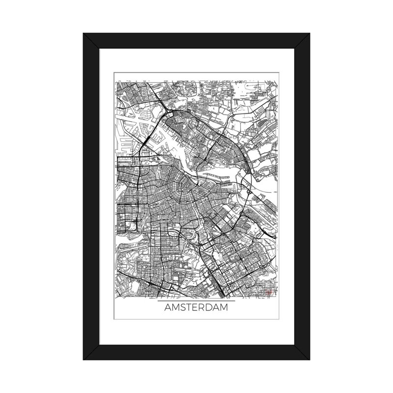 «Amsterdam Minimal Urban Blueprint Map», impression sur toile, H 24 po x l 16 po x P 1 po, Papier d'art encadré noir, Blanc