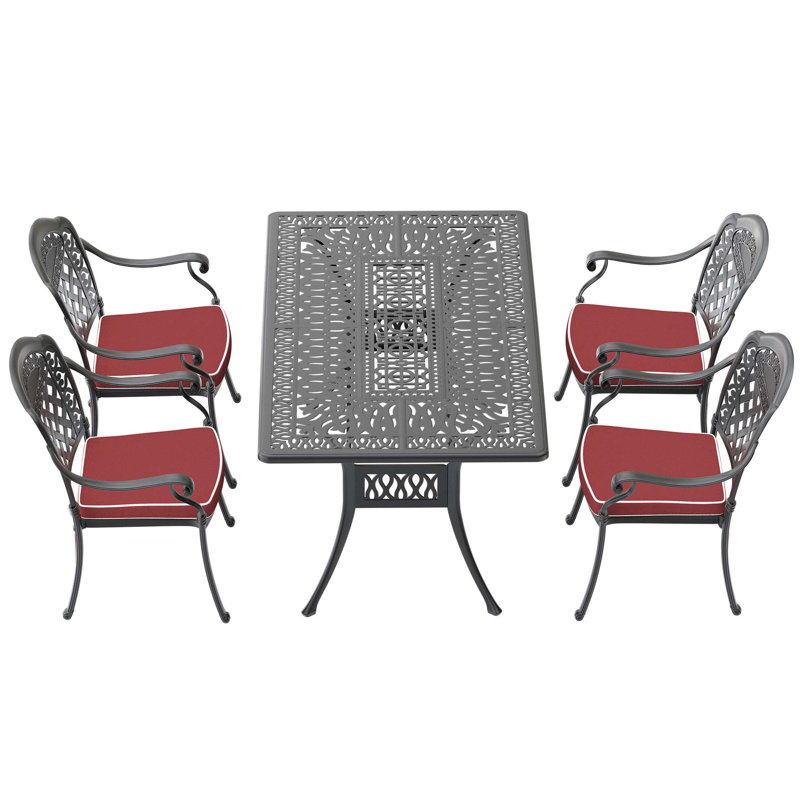 5-Piece Set Of Cast Aluminum Patio Furniture With Black Frame And Red Seat Cushions(Same Sku:W1710S00087), 4