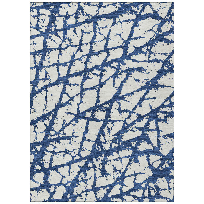 3' X 5' Navy Blue And Ivory Abstract Washable Indoor Outdoor Area Rug