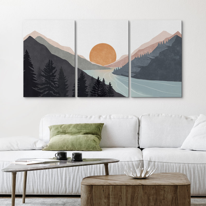 Sun Mountain Landscape Range Abstract Lake Nature Wall Art Decor Framed Canvas 3 Pieces Print Set, Wrapped Canvas, No Frame