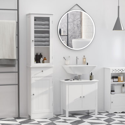 Slim Bathroom Storage Cabinet, Tall Bathroom Cabinet, Narrow Linen Tower With Acrylic Door, Drawer And Shelves