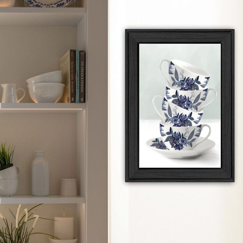 Prêt à exposer, décoration de la tour de thé bleue, 14,56 po de profondeur, maison encadrée d'art en papier, 23 paquets de hauteur, cadre noir