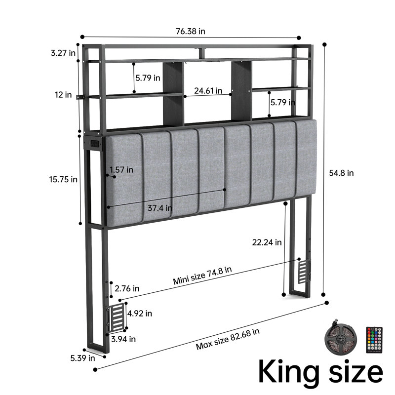 Tête de lit tapissier pour lit très grand avec 3 tablettes à 3 niveaux, lumières DEL et station de charge, tête de lit réglable en hauteur avec dossier souple, gris