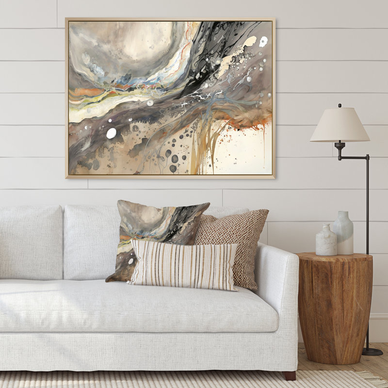 Subtile sérénité, gris, aquarelle, vagues, H 12 po x l 20 po x P 1 po, Cadre naturel flottant