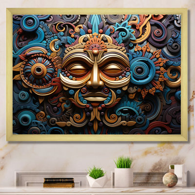Teal Gold Mexico Vibrant Aztec Mask I Framed On Canvas Print
