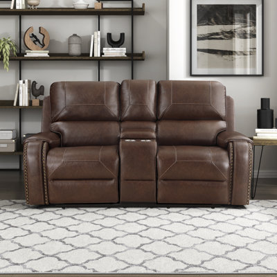 Causeuse inclinable traditionnelle oscillant de 76 po Amiyra avec console de rangement centrale, prises de courant, ports USB et garniture cloutée élégante