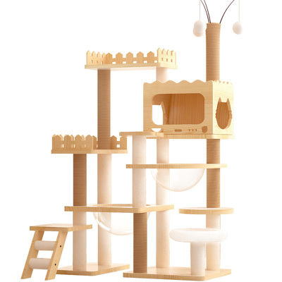 Indoor Cat Tower 66.9", Wood Tree With - Covered Posts, Top Perch And Acrylic , Ideal For Multi Situations, Material 66.9" Cats, Scratching Posts Perch, Spacious Design Environments,