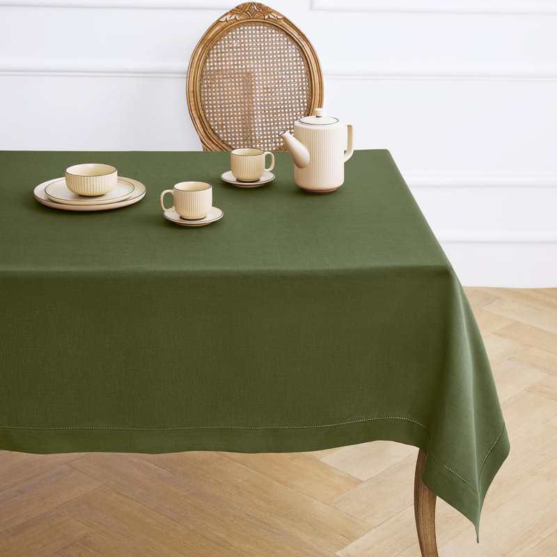 100% Pure Linen Hemstitch Table Cloth - Classic Hemstitch, Olive, 144" x 60"