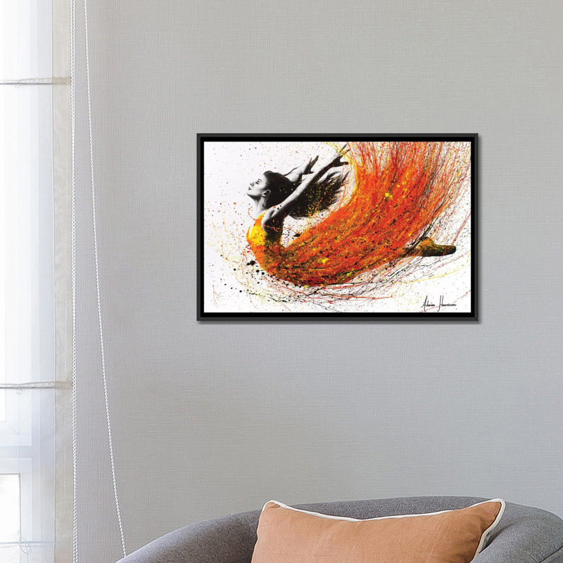 « night fire danse », reproduction d’impression sur toile, H 18 po x l 26 po x P 1,5 po, Toile avec cadre noir, Pas de tapis