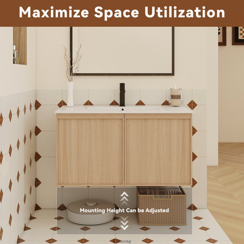 Meuble-lavabo flottant moderne en chêne clair de 36 po avec lavabo, cuve en céramique à bords minces et portes à fermeture en douceur