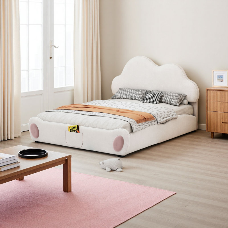 Grand lit plateforme tapissier à tête de lit grand format, Beige