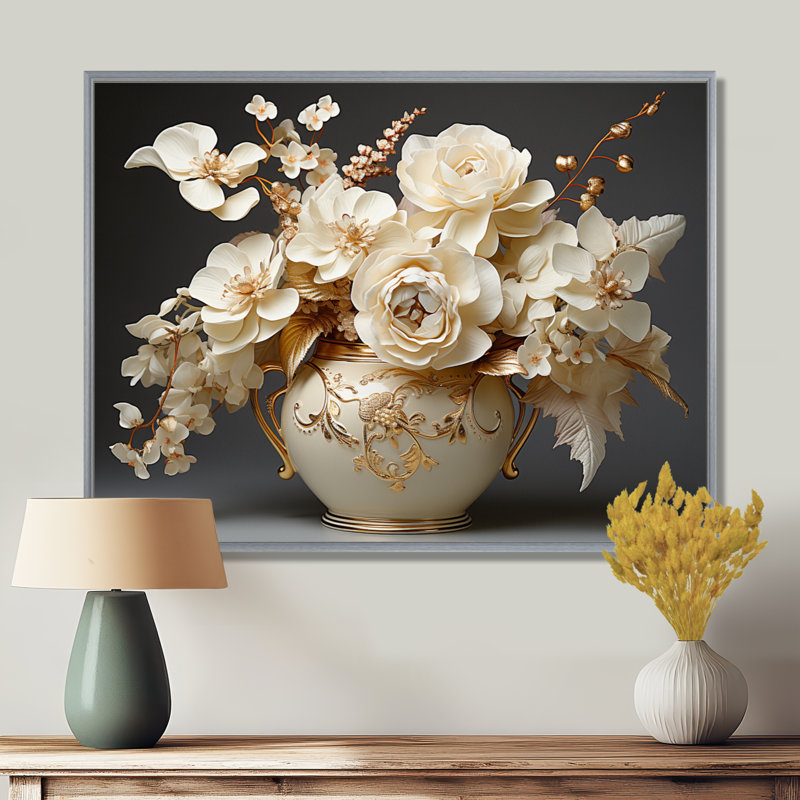 Impression sur toile Baroque Hydrangea blanc et or VII - Hydrangea, H 24 po x l 32 po x P 1 po, Encadrement argenté
