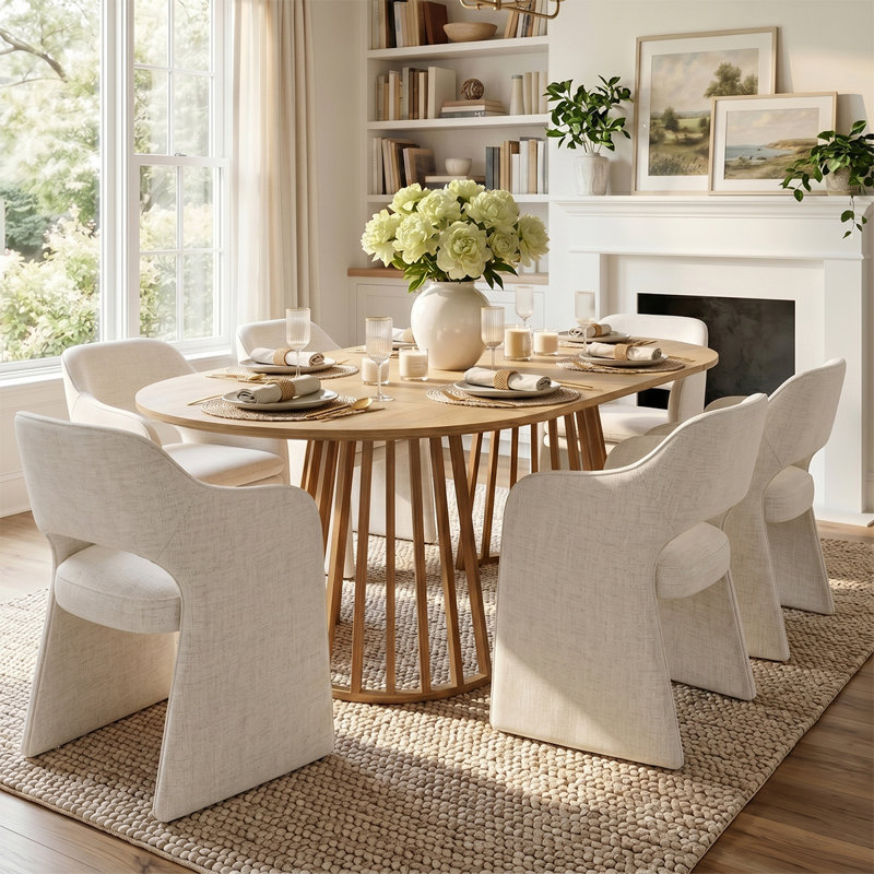 6- Person Dining Table Sets With Extendabe Oval Table & 6 Upholstered Fabric Dining Chairs, Beige