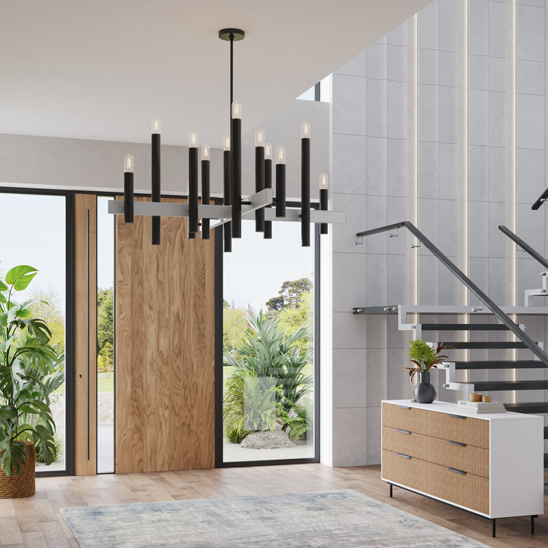 Grand lustre noir 8 lumières avec accents en nickel brossé, Noir, 12