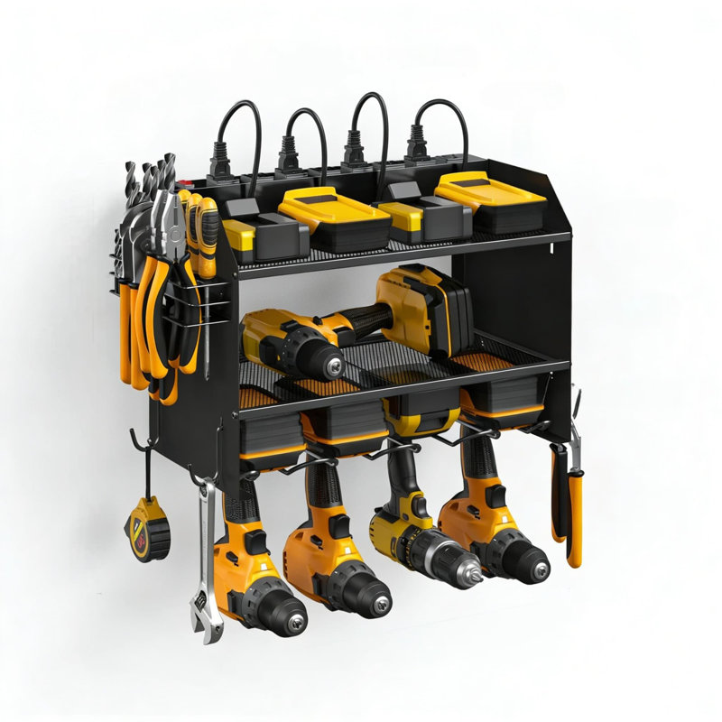 Support mural modulaire pour organisateur d'outils électriques avec station de charge, tablette perceuse et embout, multiprise