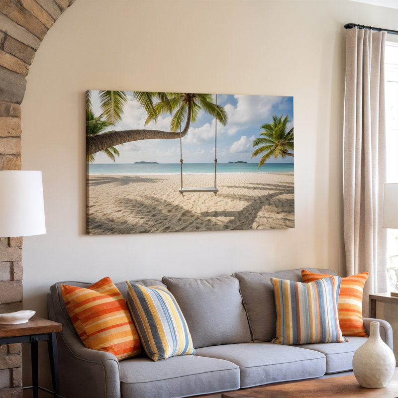 Toile une scène de plage tropicale sereine avec une balançoire blanche simple suspendue à un palmier placée sur un fond de toile