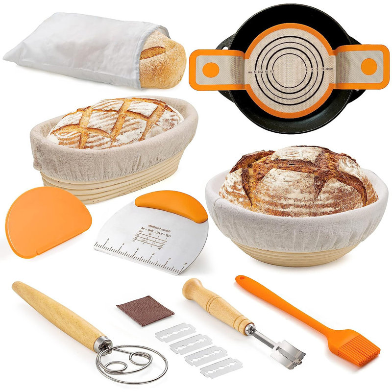 Bread Proofing Basket Set: 10" Oval & 9" Round with Liners, Dough Whisk, Lame, Scrapers & Sling