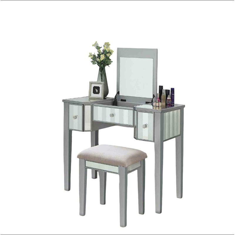 Ensemble de meuble-lavabo de style transitionnel 1 pièce avec tabourets rembourrés, Argent argent