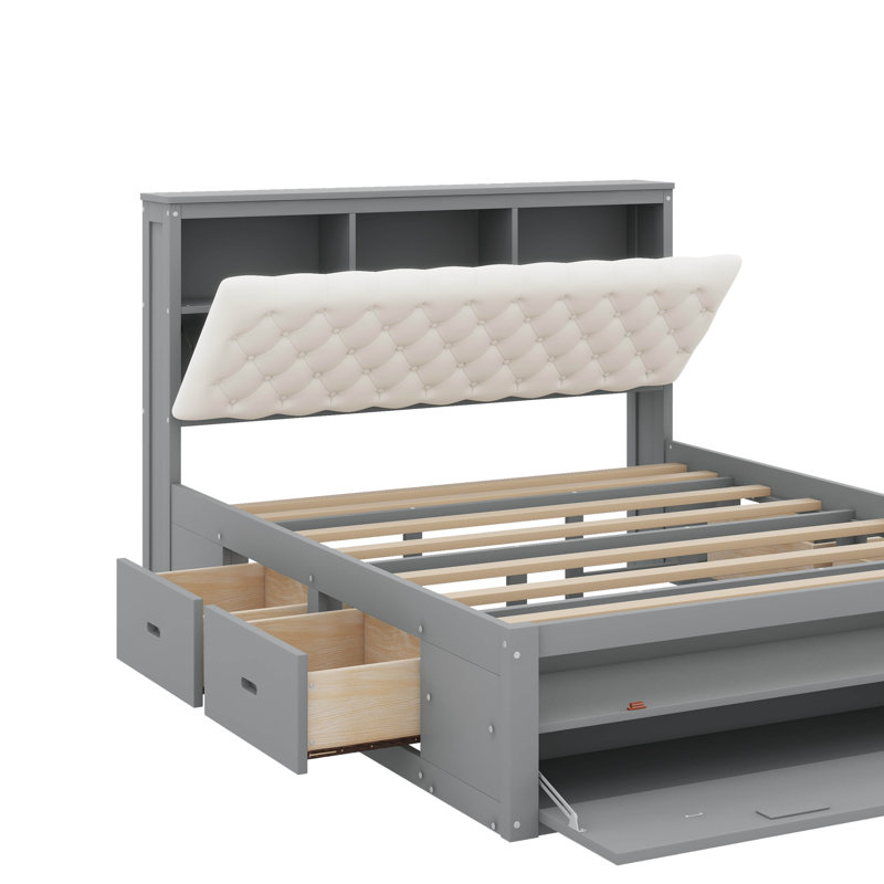 Grand lit plateforme avec tête de lit, étagère à chaussures et tiroirs, Gris