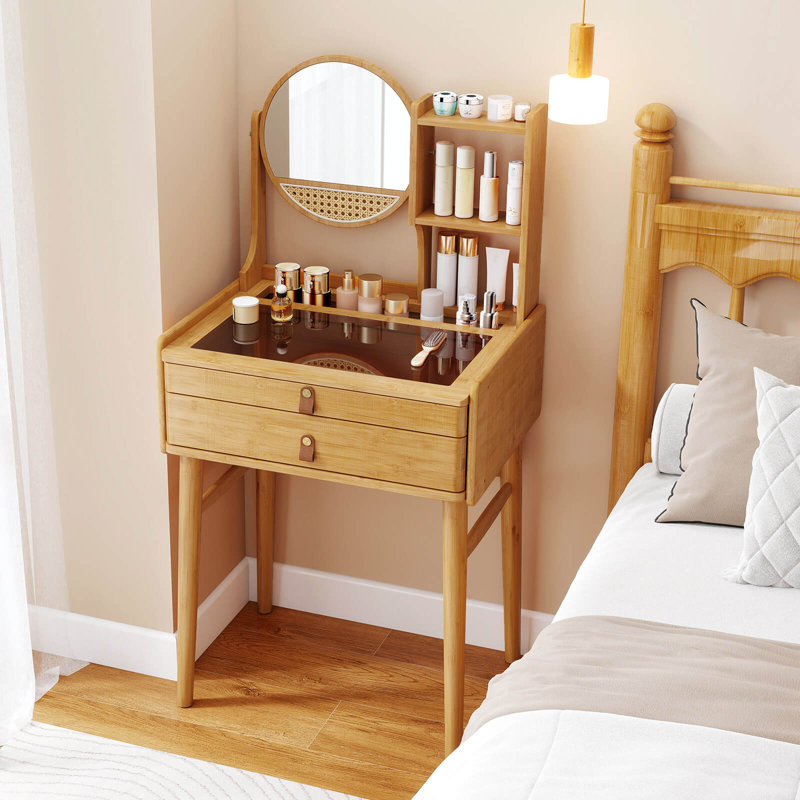 23.5" Compact Makeup Table with 2 Drawers Open Storage Shelves and Glass Top