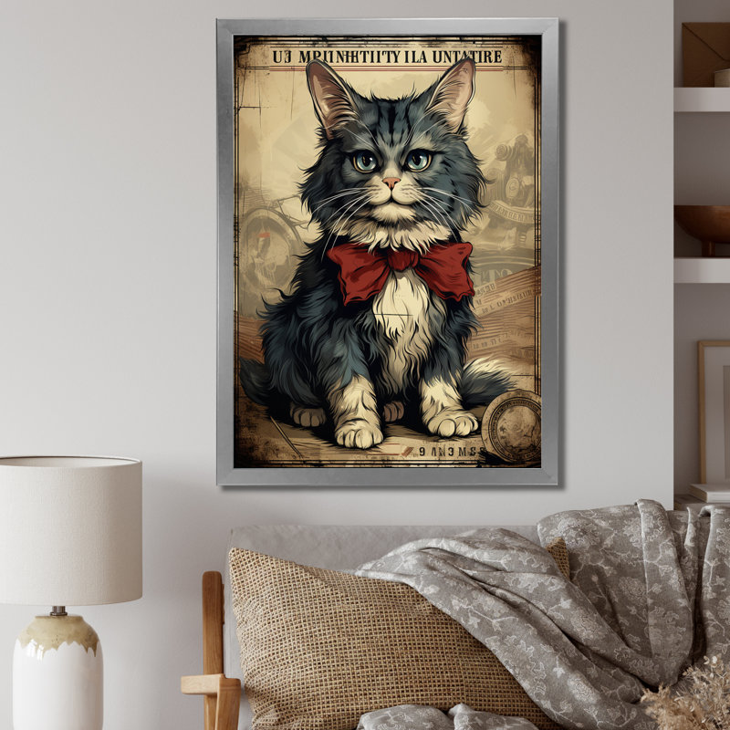 Illustration d'un chat avec un arc rouge, Cadre simple argenté, H 20 po x l 12 po x P 1 po