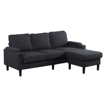 Dark Grey Bedroom With Storage . 3 Sectional, Linen Upholstery. Wood Frame. Port, Cup Holders, Armrest Storage. Medium-soft Seat. Square Arms. Modern American Design. Heavy Duty Rating Living Room