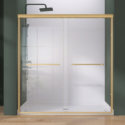 56 à 60 po X P 75 po H Porte de douche coulissante double en alcôve avec cadre en or et verre transparent