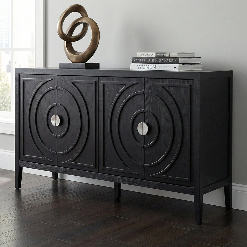 Rustic Kitchen Cabinet - Rubber Wood Construction, Distressed Finish,Rounded Door Design, Adjustable Shelves, Black