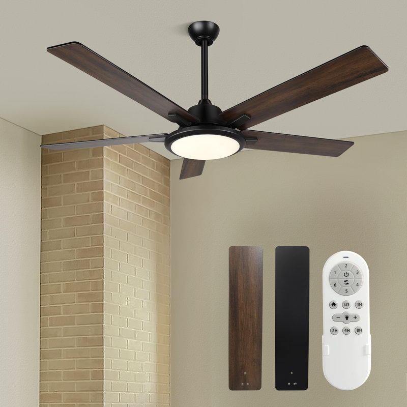 Cirina 52" 5 - Blade Modern Industrial Ceiling Fan with LED Lights and Remote Control, Black, 44" Wide