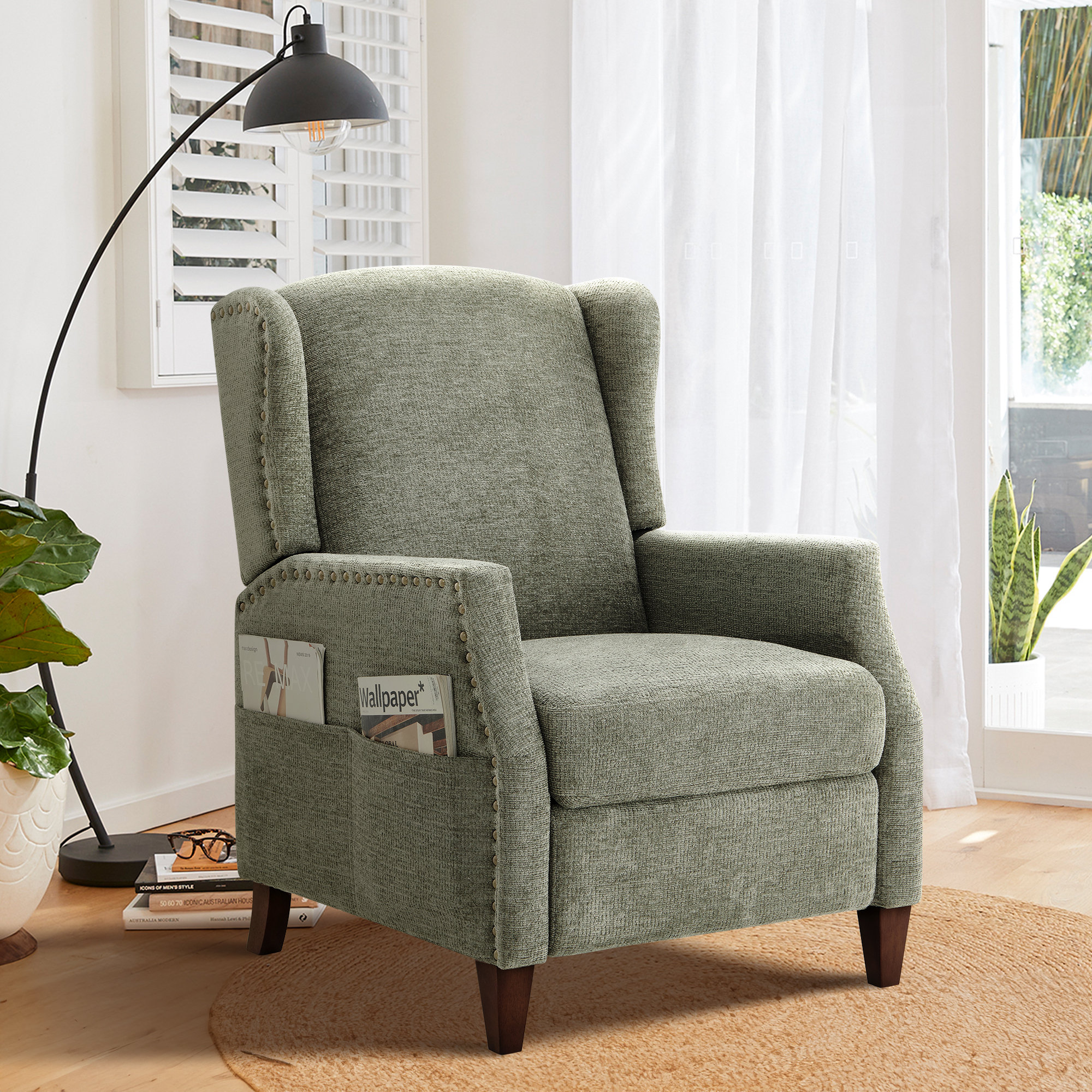 Gracie Oaks Nail head Upholstered Push Back Recliner With Storage Pocket Reviews Wayfair