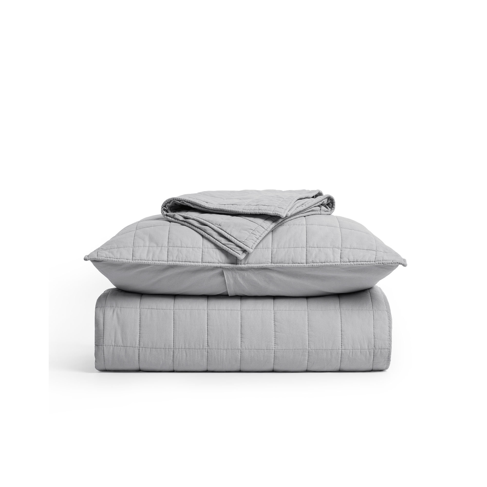 100% Cotton Box Stitch Quilt Set, Fog Gray, King Quilt + 2 King Shams
