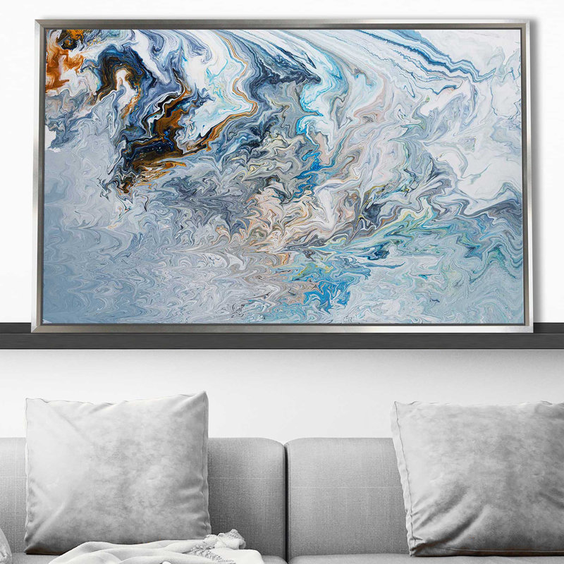 «Reading the actuel», peinture sur toile à cadre flottant, H 27,5 po x l 43,5 po x P 2 po, Cadre flottant argent