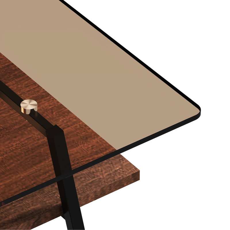 Table basse en verre brun avec plateau trempé et pieds en métal, table rectangulaire de style moderne pour le salon, espace pour les pieds