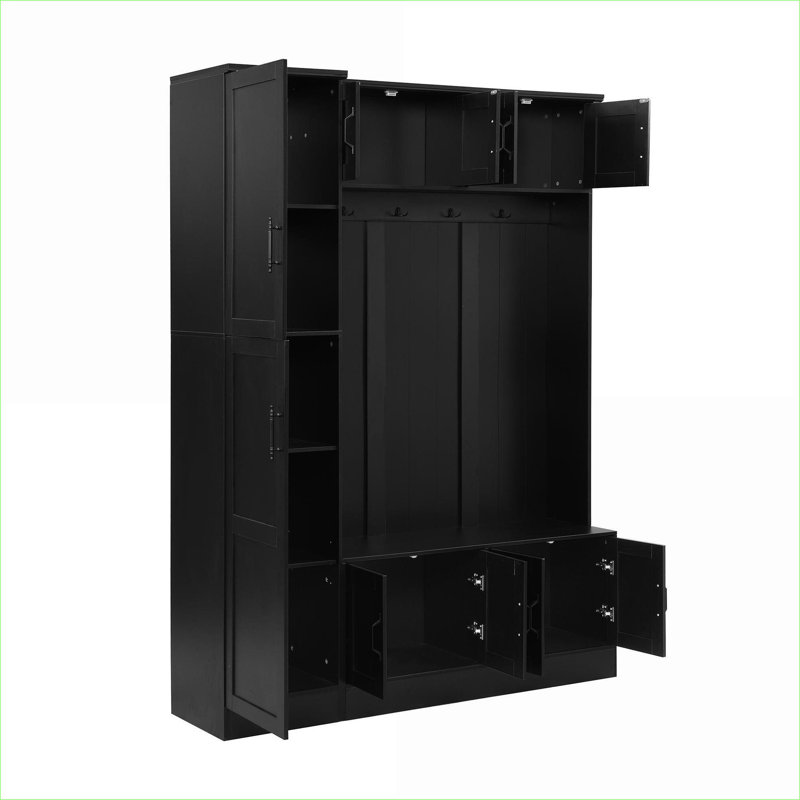  VIBE HAUS 79" Tall 4-in-1 Matte Black Modern Hall Tree, Entryway Bench with Shoe Storage, 6 Cabinets, 4 Coat Hooks & Adjustable Shelf for Hallway Living Room