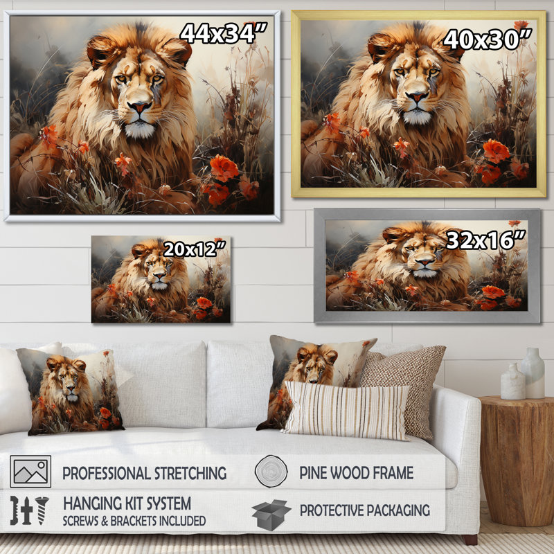 «Lion Wilderness Symphony I» sur toile, Cadre doré simple, H 24 po x l 32 po x P 1 po