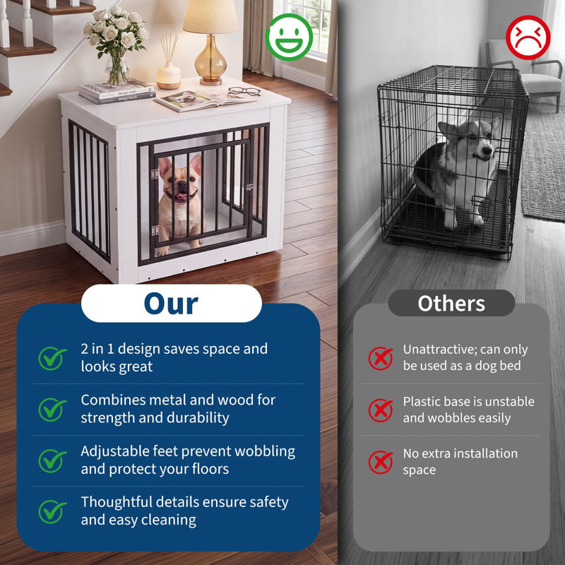 Barre de taille moyenne pour chien avec cage en bois anthracite 30 po x 21 po x 25 po pour l'intérieur, Blanc