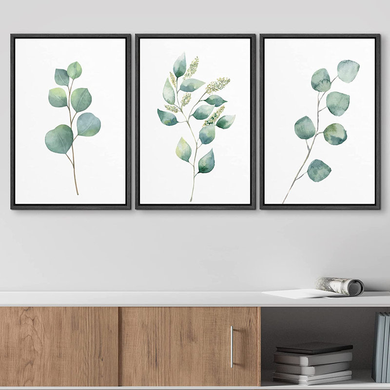 Minimal Botanical " IDEA4WALL Canvas Print Wall Art Set Green Watercolor Forest Leaf Collage Nature Floral Illustrations Realism Rustic Scenic Colorful Wilderness for Living Room, Bedroom, Office " 3 Piece Art Print