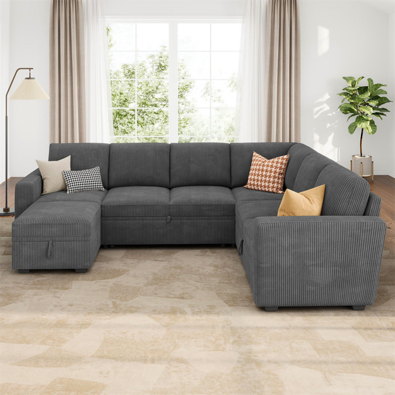 Anureet Latitude Run® Corduroy Sleeper Sectional U Shaped Modular Sofa Bed With Storage Space, Gray Corduroy