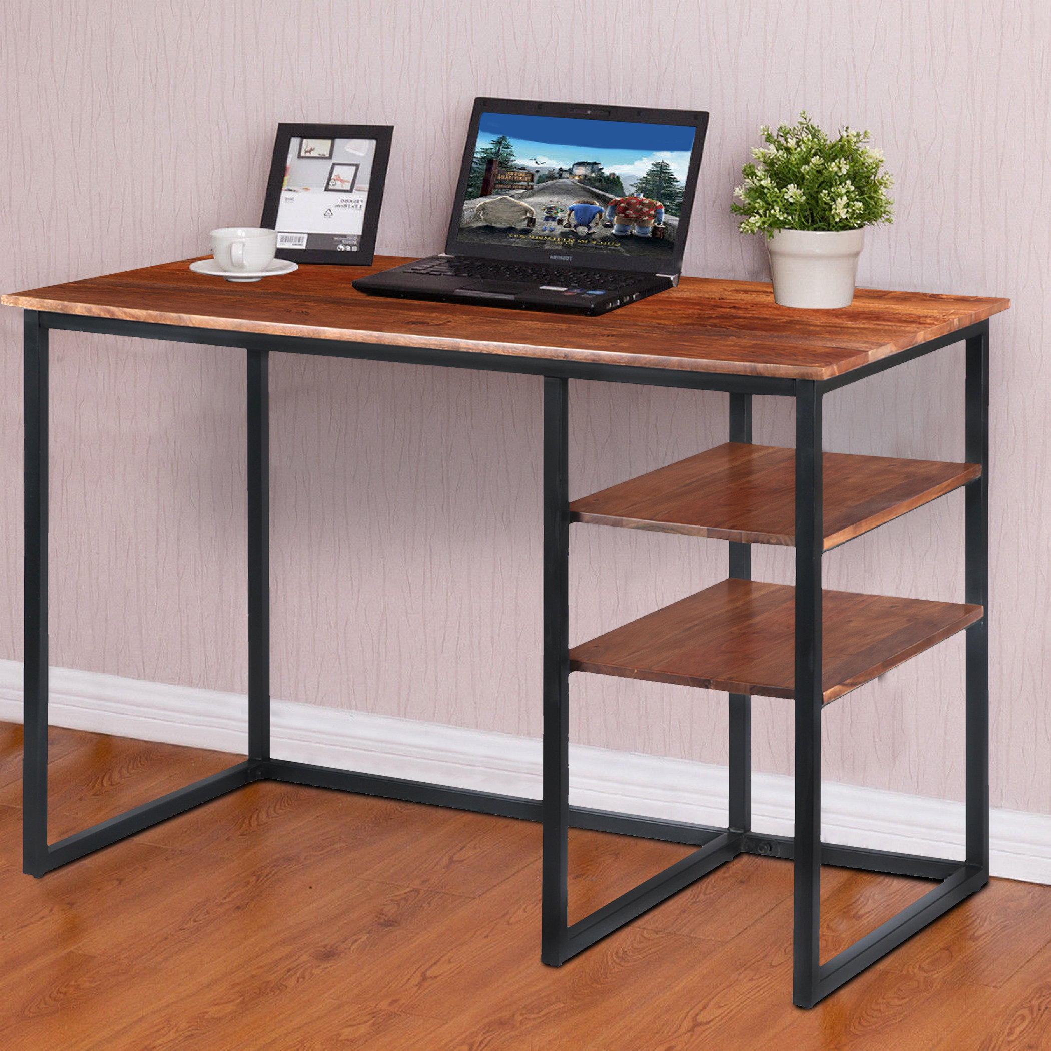 Wenty 45 Inch Metal Frame Desk Desks With Wooden Top And 2 Side Shelves ...