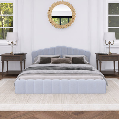 Velvet Upholstered Queen Bed Shell-Shaped Headboard