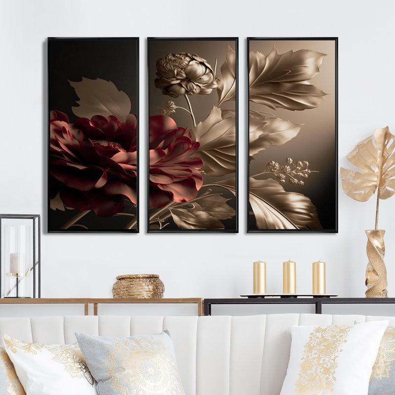 «Vintage Glam Rose», reproduction sur toile 3 pièces, Toile encadrée noire, L 36 po x H 28 po