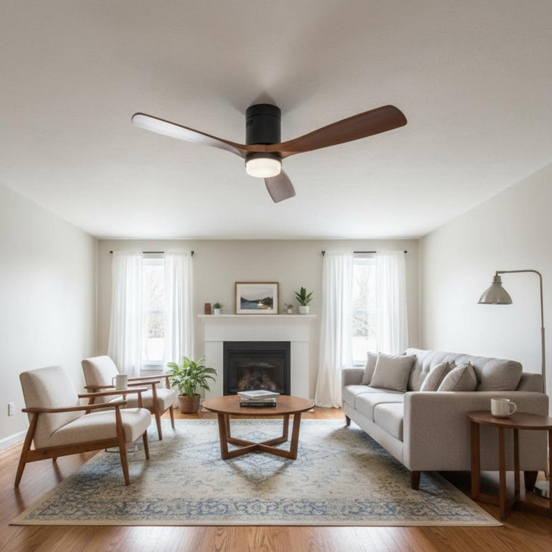 52" Solid Wood 3-Blade Low Profile Ceiling Fan With Integrated LED Light, DC Motor, Smart Remote Control & Reversible Airflow