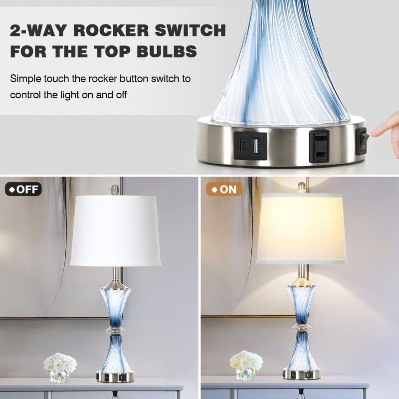 28" Coastal Crystal Glass Table Lamps with USB & Type-C Charging Ports, Gradient Blue Glass Accent Lamps with LED Bulbs Included