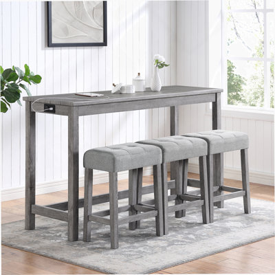 Bar Table Set With Power Outlet, 4 Piece Dining Table Set Ideal For Living, Dining And Game Rooms, Industrial Breakfast Table Set