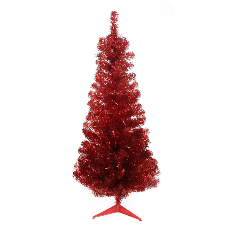 4' Pre-Lit Red Tinsel Slim Christmas Tree with Clear Lights