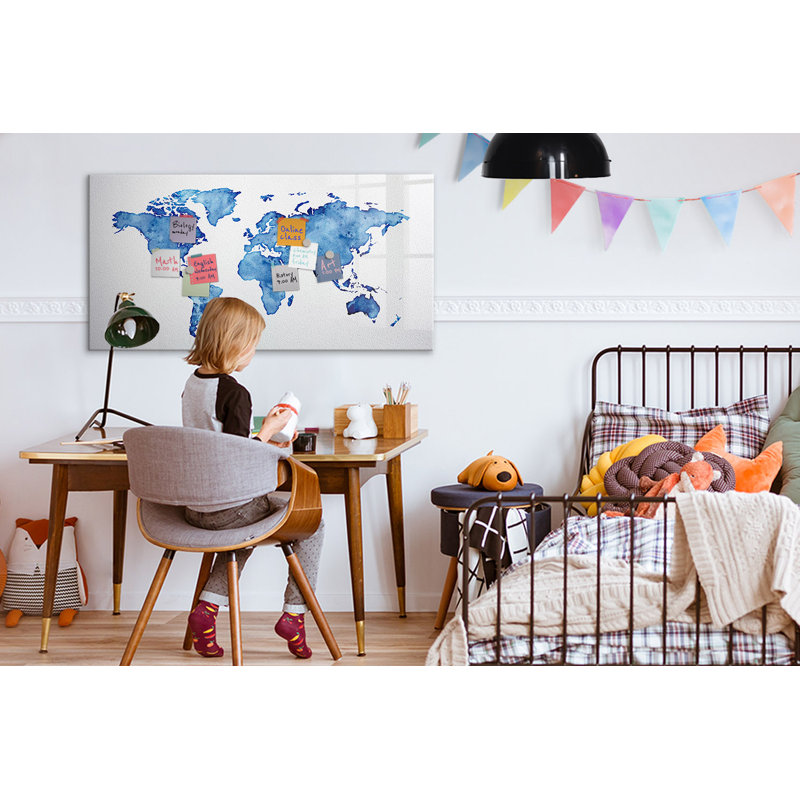 Magnetic Memo Board Whiteboard - 120 x 60 cm - With Marker and Magnets - World map watercolor