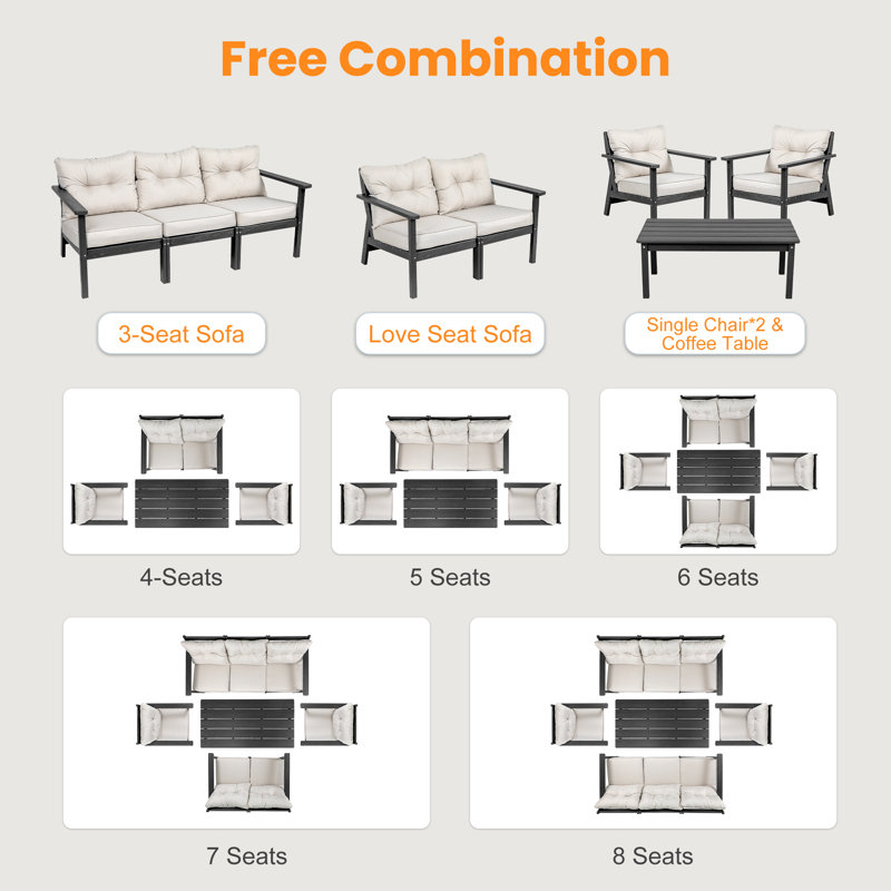Ensemble de conversation d'extérieur en PEHD pour 7 personnes avec coussins, 5 pièces: table, causeuse, canapé, 2 chaises