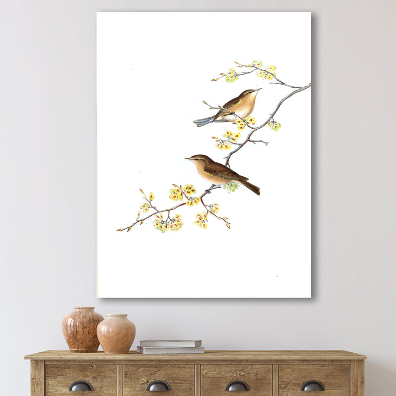 «Little Birds On The Tree Branches II», peinture sur toile, H 20 po x l 12 po x P 1po, Toile tendue