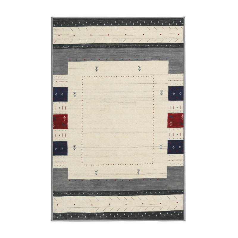 Tapis contemporain ivoire / gris, Rectangle 5 pi x 7 pi