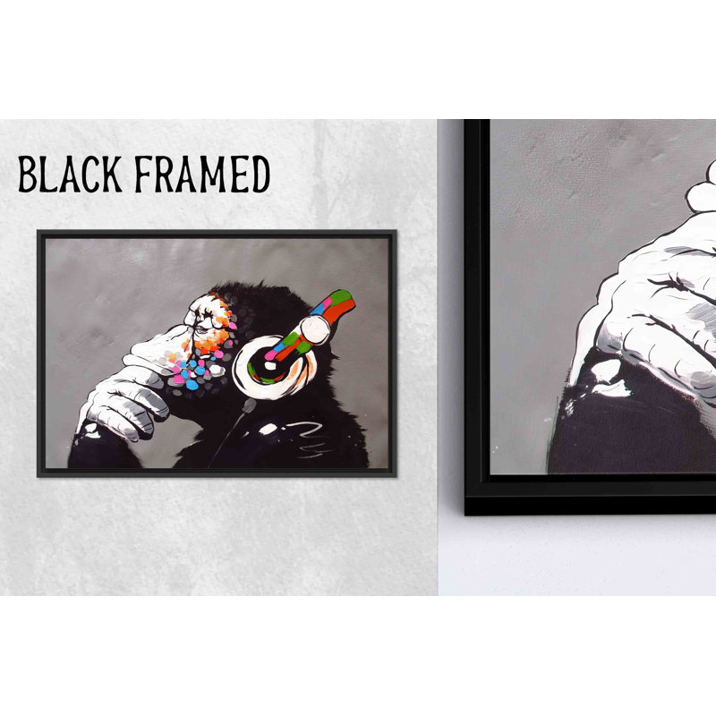 Toile imprimée: Banksy Monkey Graffiti Chimp avec écouteurs, 1P BlackFramedCanves, 31,6 po H x 43,4 po l
